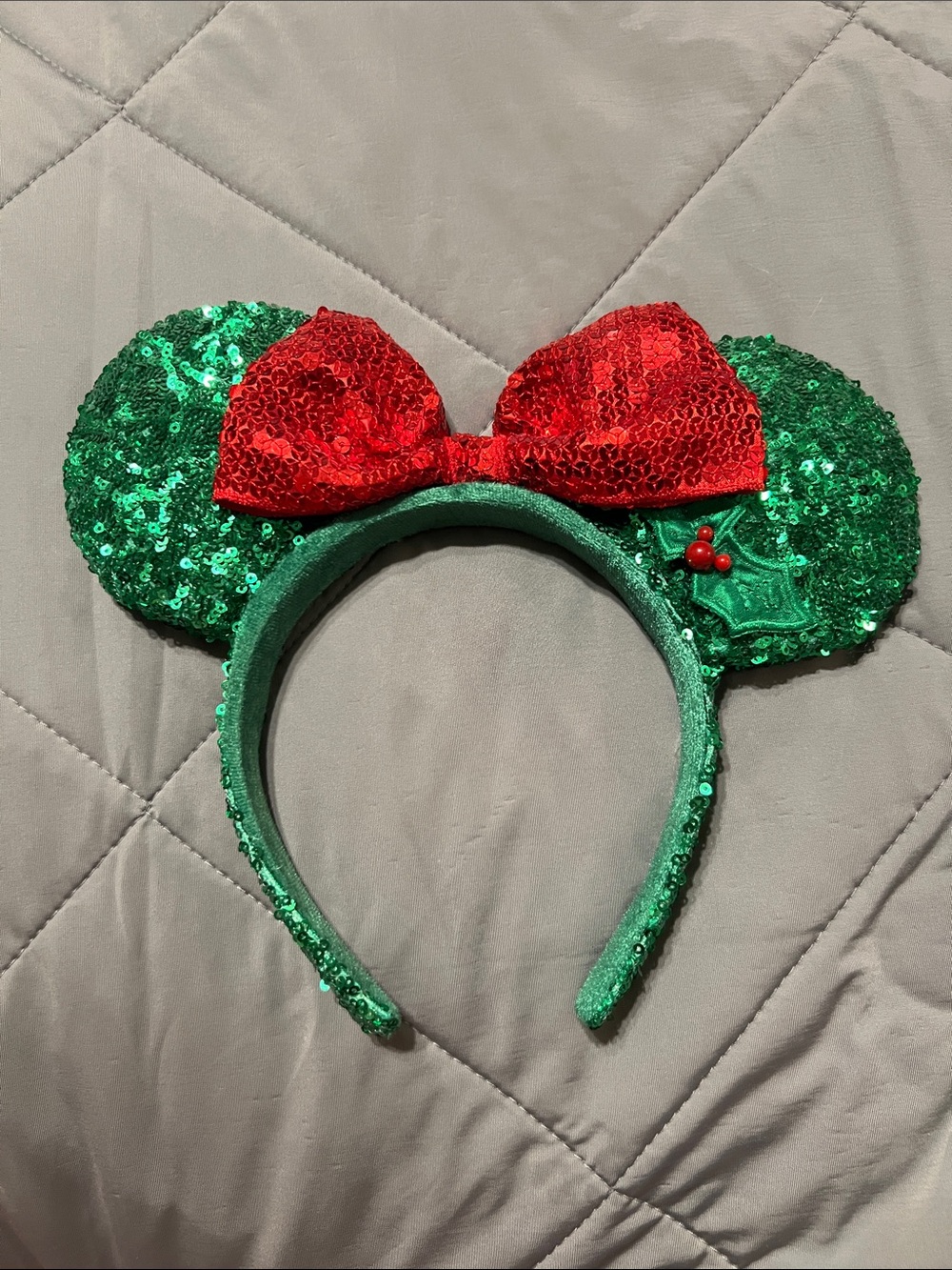 Disney Green Sequin Minnie Ear Headband with Red Bow